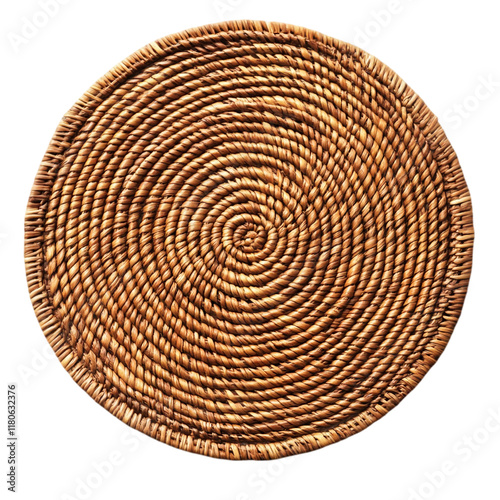 Round wooden coaster with intricate spiral design and rustic tones isolated on transparent background. photo