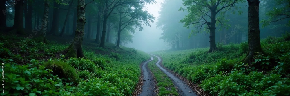 A winding path disappears into the foggy forest, twisting road, wild woods, overgrown A winding path disappears into the foggy forest, twisting road, wild woods, overgrown