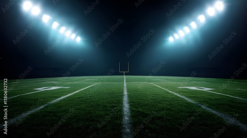 Illuminated Football Field Under Stadium Lights with Dark Background and Copy Space. Ideal for Sports, Team Events, and Marketing Concepts Illuminated Football Field Under Stadium Lights with Dark Background and Copy Space. Ideal for Sports, Team Events, and Marketing Concepts