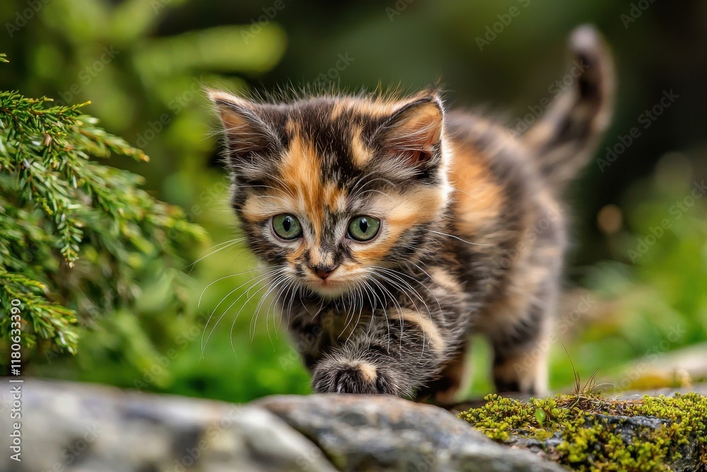Obraz premium Adorable Calico Kitten Explores Nature Garden Wildlife