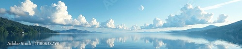 Clouds of different shapes and sizes drift across the serene lake surface, varied, lake photo