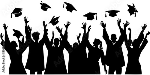 Graduation celebration silhouette illustration, black and white