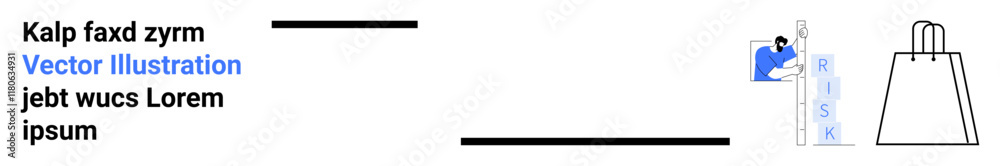 Businessman climbing a vertical ladder labeled RISK, heading towards a shopping bag. Ideal for business success, risk management, investment, career growth, financial planning, e-commerce, goal Businessman climbing a vertical ladder labeled RISK, heading towards a shopping bag. Ideal for business success, risk management, investment, career growth, financial planning, e-commerce, goal