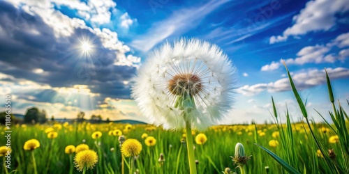 Fluffy Dandelion Meadow Close Up, Summer Wind, White Dandelion, Green Grass, Yellow Flowers, Cloudy Sky, Nature Photography photo