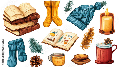 A cozy collection of Hygge-themed clip art elements, featuring blankets, books, cocoa, knitted socks, scarves, a hat, and a candle, all set against a transparent background. photo