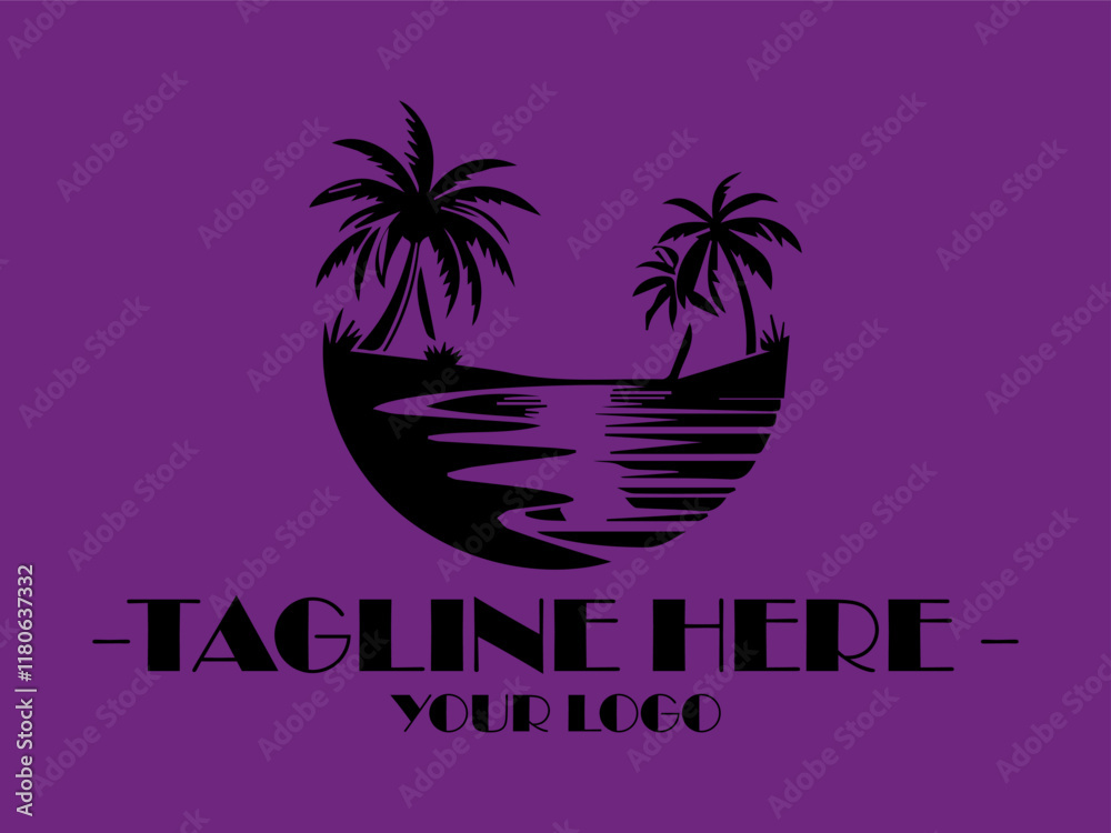 Naklejka premium Black tropical scene with palms, hut, water, and moon. Perfect for background designs, travel promotional materials, or naturethemed projects and background illustration vector