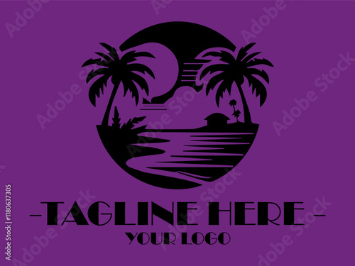 Black tropical scene with palms, hut, water, and moon. Perfect for background designs, travel promotional materials, or naturethemed projects and background illustration vector