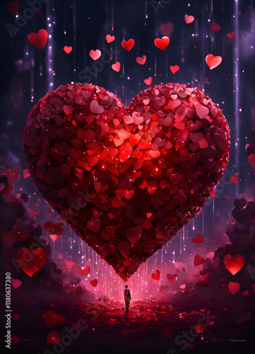 A dark constallation background with a rain of garnet hearts in front,valentindays background wallpapers photo