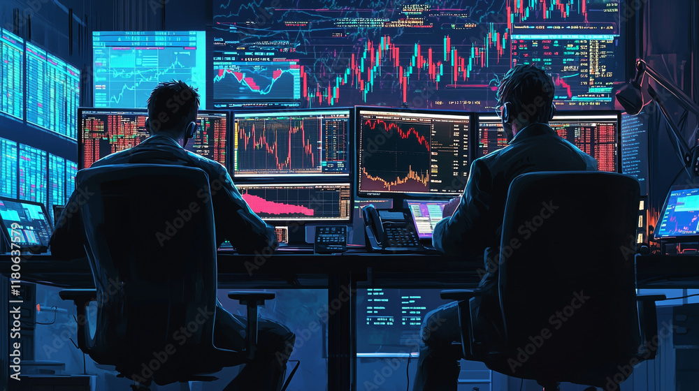Naklejka premium Two young men in suits, sitting at their desks with computers and stock charts on the screen