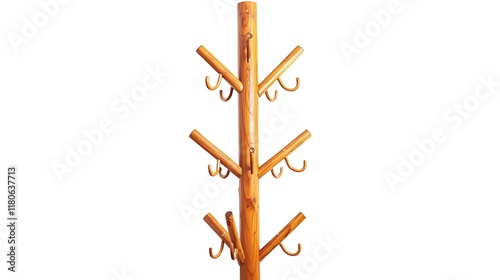 A wooden tree shaped rack with hooks for hanging things
