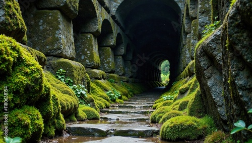 Overgrown with moss and lichen covered basalt columns, moss, lichen photo