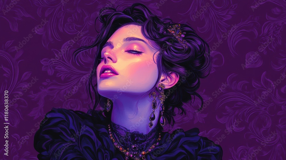 Elegant Woman in Purple Attire Adorned with Jewels