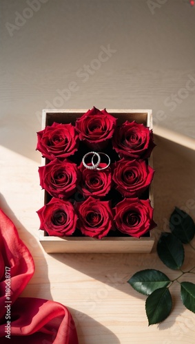 red roses and a couple rings on a table