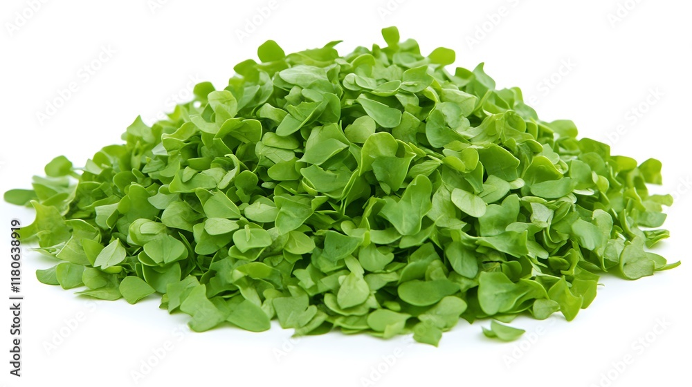A pile of green basil leaves forming a mound on a white plain is suitable for a web vegetable background, advertising element or social media post A pile of green basil leaves forming a mound on a white plain is suitable for a web vegetable background, advertising element or social media post