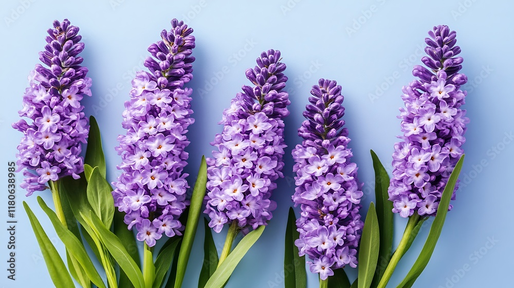 Fototapeta premium Five Purple Hyacinths Arranged Against A Blue Background