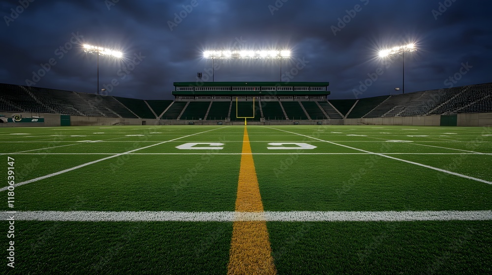 Obraz premium Overhead View of a Gigantic Football Stadium at Night Filled with Energetic Fans, Illuminated by Floodlights, with Copy Space for Design. Perfect for Sports, Events, and Advertising Concepts