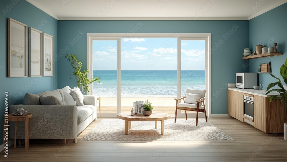 Fototapeta premium Bright and airy living space overlooking the serene sea.