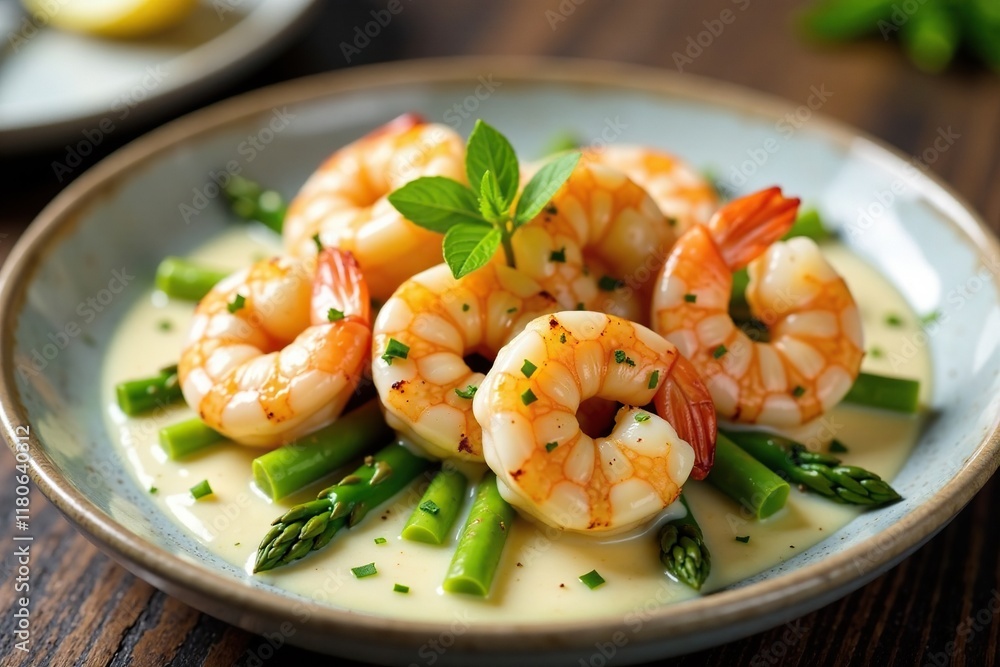 Steamed shrimps on asparagus with light creamy sauce, dish, steamed Steamed shrimps on asparagus with light creamy sauce, dish, steamed