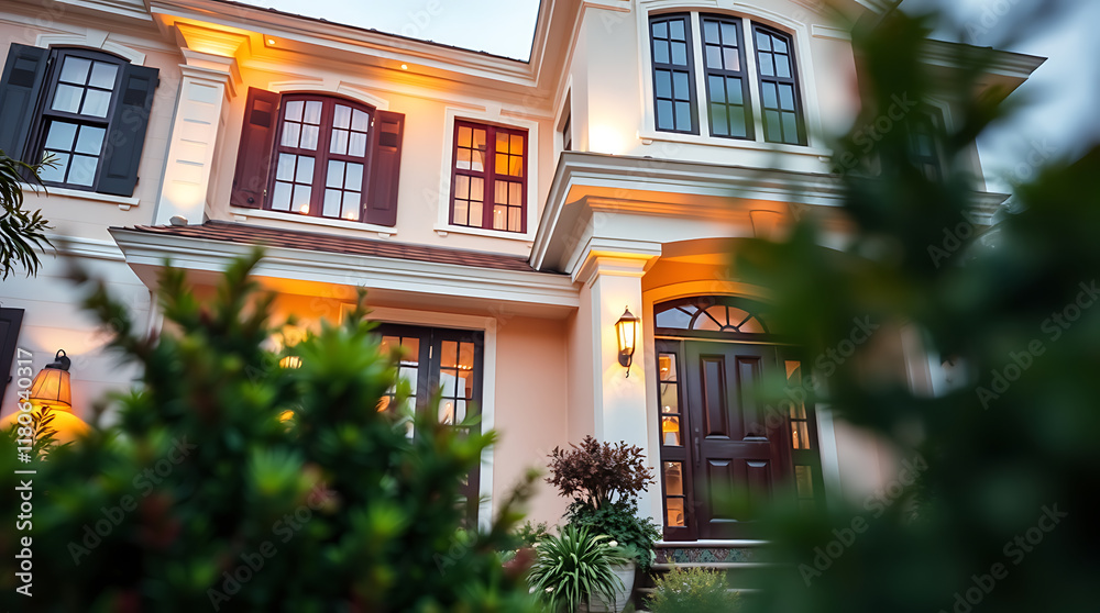 Fototapeta premium Exterior View of Two-Story House at Dusk