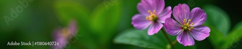 Violet hepatica flower with clear stamens against a green leafy background, garden, heparal