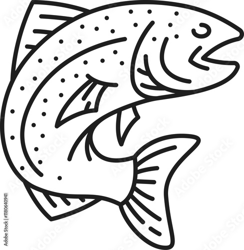 Salmon fish meat thin line icon. Ocean fresh fish, sushi or sashimi product outline symbol, tuna raw meat or seafood cooking culinary ingredient line icon or pictogram with salmon jumping out of water