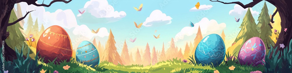 Obraz premium Easter Eggs Basket in a Blooming Flowerfield with Vibrant Colors and Springtime Joy