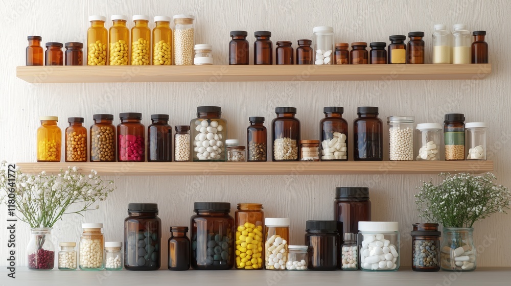 Shelves filled with various health supplements and natural remedies in a wellness setting Shelves filled with various health supplements and natural remedies in a wellness setting