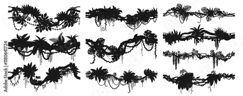 Tropical jungle forest liana branch silhouettes of rainforest ivy leaves, vector icons. Tropical liana or creeping jungle tree and bindweed plant with curly tendrils and rainforest monstera leaves