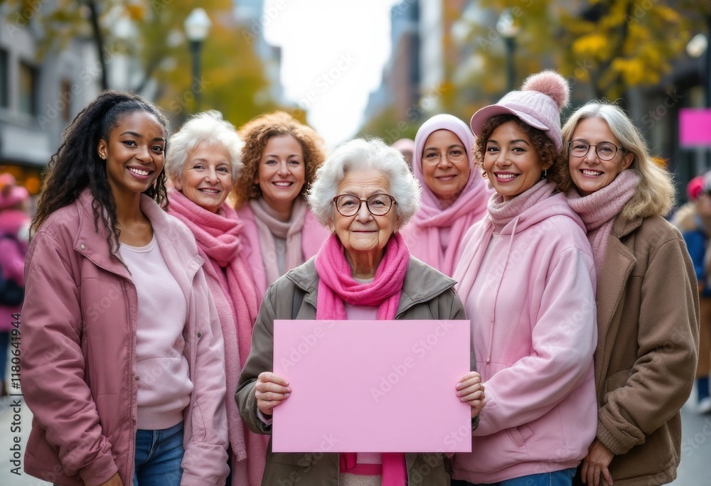 Obraz premium Diverse women of all ages in pink for breast cancer awareness