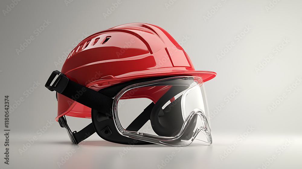 Durable red safety helmet with protective goggles for construction work Durable red safety helmet with protective goggles for construction work