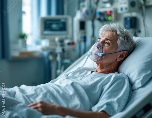Elderly caucasian male patient resting in hospital bed with oxygen mask