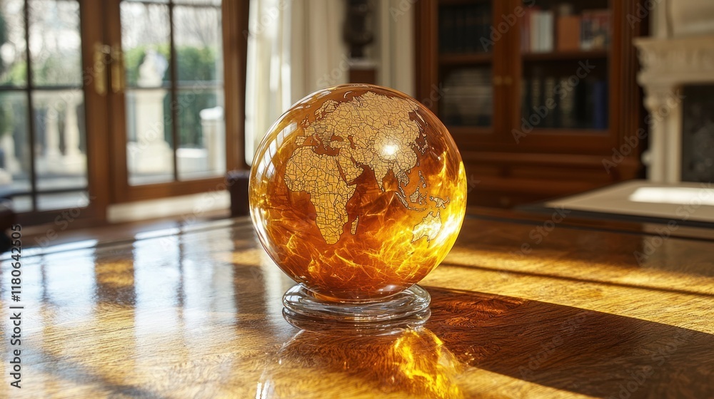 Golden Globe on Wooden Table, World Map Decor Golden Globe on Wooden Table, World Map Decor
