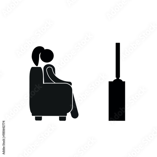 a girl is sitting in an armchair, watching TV shows, a monitor, online communication on the Internet, a pictogram of a woman's figure, a sketch