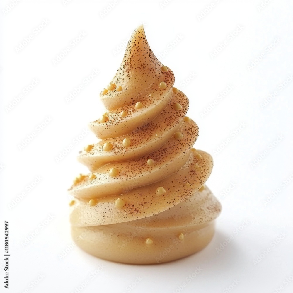Creamy dessert with conical shape, gold sparkles, and decorative beads on white background for culinary and festive themes Creamy dessert with conical shape, gold sparkles, and decorative beads on white background for culinary and festive themes