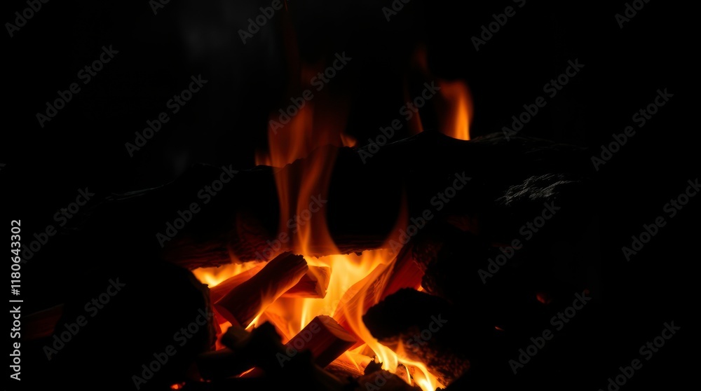 Campfire isolated on a black background in cool colors. Close-up view of burning firewood with orange and yellow flames, mystic enchanting environment, gentle color contrasts, and dreamlike atmosphere Campfire isolated on a black background in cool colors. Close-up view of burning firewood with orange and yellow flames, mystic enchanting environment, gentle color contrasts, and dreamlike atmosphere