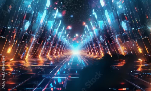 Futuristic Neon Corridor with Glowing Crystals and Starry Sky