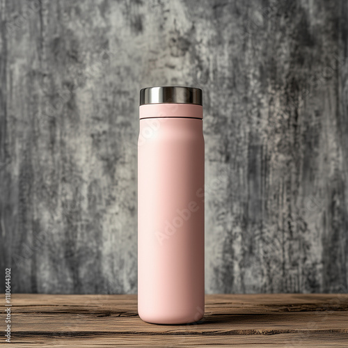 Pink stainless steel tumbler bottle mockup on wooden table isolated on dull gray cement wall background, Ai generated images photo