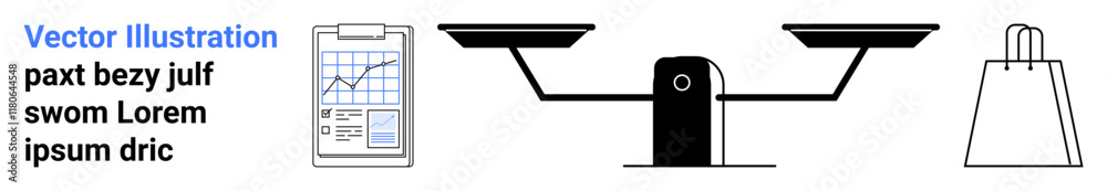 Graph clipboard with upward trend, balance scale, shopping bag. Ideal for business analysis, market research, e-commerce, financial planning, data tracking, decision making retail strategies Graph clipboard with upward trend, balance scale, shopping bag. Ideal for business analysis, market research, e-commerce, financial planning, data tracking, decision making retail strategies