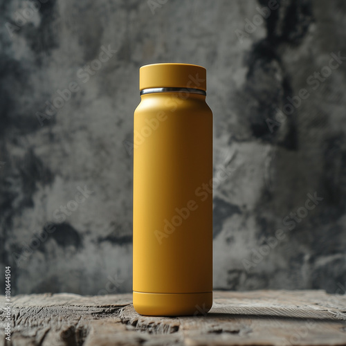 yellow stainless steel tumbler bottle mockup on wooden table isolated on dull gray cement wall background, Ai generated images photo