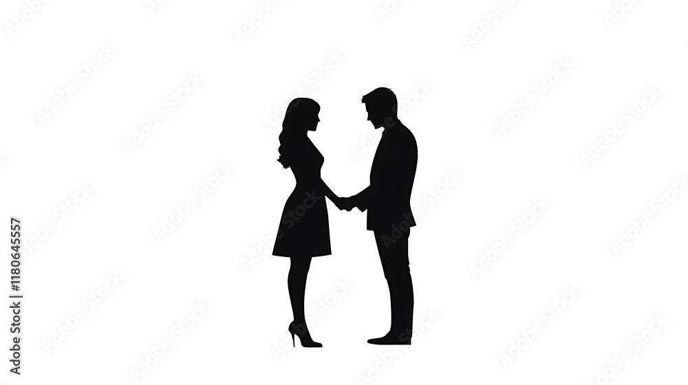 Silhouetted lovers hold hands, creating a timeless romantic moment on a simple white background. Silhouetted lovers hold hands, creating a timeless romantic moment on a simple white background.