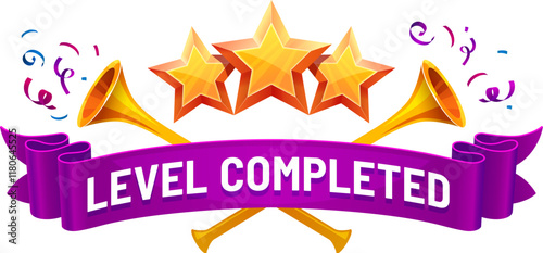Level complete game asset icon, level up badge with golden stars, confetti, purple banner and fanfare trumpets. Gui popup screen, mobile app or game menu interface element celebrates victory success