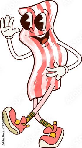 Groovy breakfast bacon character. Isolated cartoon vector cheerful crispy meaty slice. Retro hippie and happy food personage smiles with joy bringing nostalgic funky vibe of 60s to the breakfast table