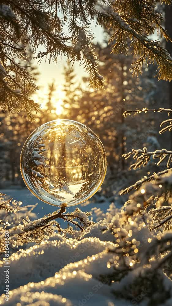 Sunlight shines through a snow-covered forest capturing a floating bubble at golden hour Sunlight shines through a snow-covered forest capturing a floating bubble at golden hour
