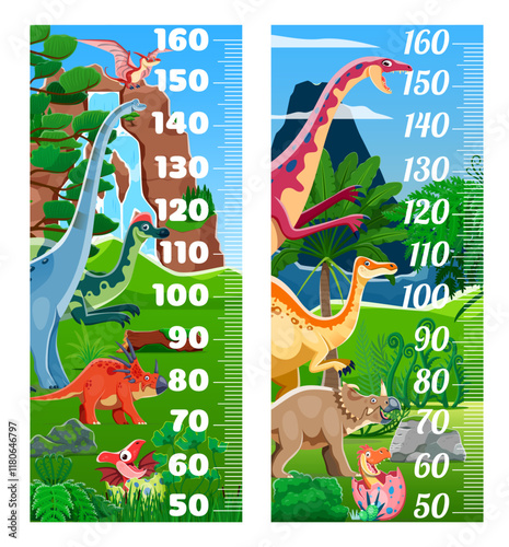 Kids height chart ruler with funny dinosaurs against a lush tropical forest background. Cartoon vector growth measurement scale for children rooms, showcases playful prehistoric dino creatures