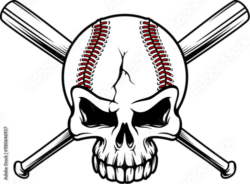 Baseball skull with crossed bats for sport club or team league badge, vector emblem. Skeleton skull as baseball ball with cracks and crossbones of bats for varsity team or college league club mascot