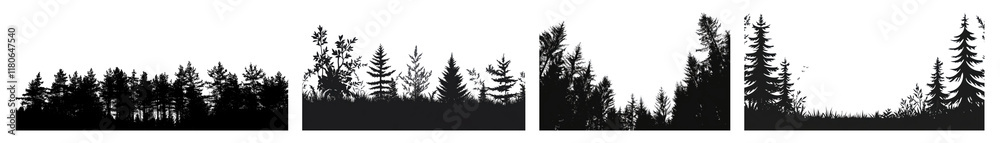 Fototapeta premium PNG Silhouette forest skyline art, element set on transparent background