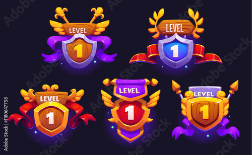 Game level up badge icons, victory rank shields asset. Cartoon vector pop up winner prize, gamer reward and award points. Golden trophy medals, shields with number one, laurel, wings and ribbons photo