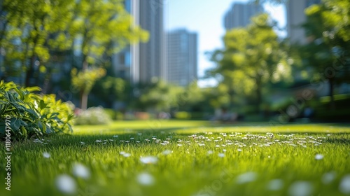 Green Urban Park with Grass and Trees on a Sunny Day