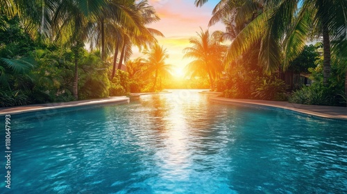 Stunning sunset view of a resort pool. Perfect for travel, vacation, and relaxation themes.