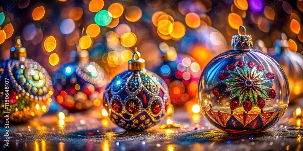Long Exposure Photography of Sparkling Glass Ornaments, Selective Focus, Festive Decoration Long Exposure Photography of Sparkling Glass Ornaments, Selective Focus, Festive Decoration